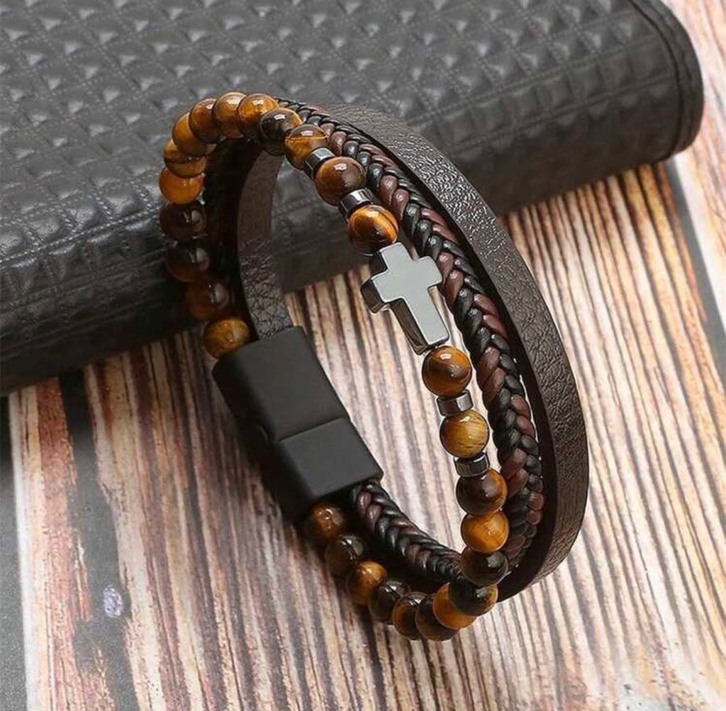 Triple Strand Leather Cross Bracelet