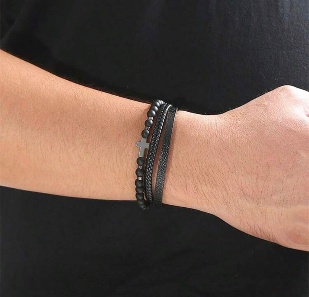 Triple Strand Leather Cross Bracelet