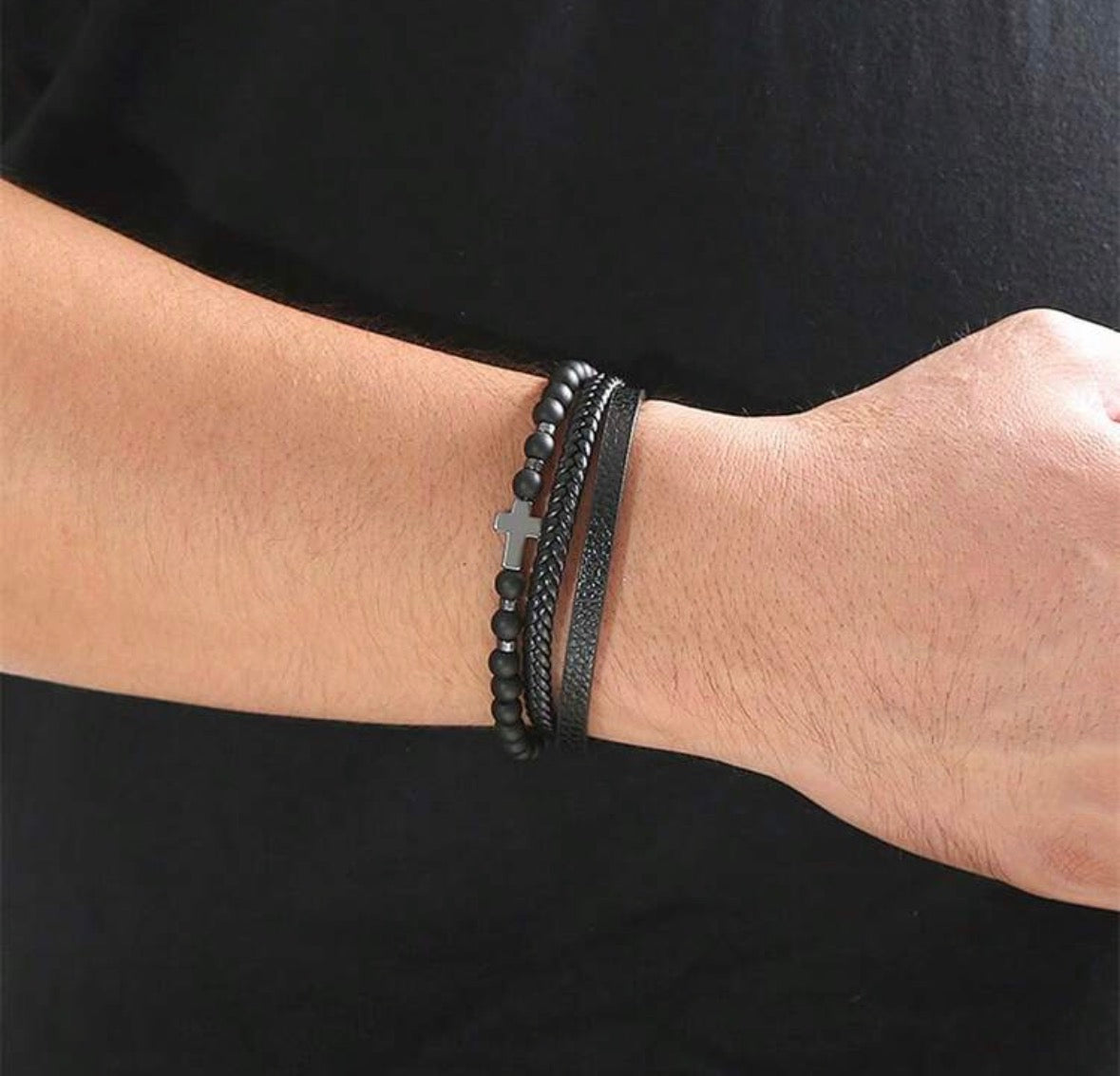 Triple Strand Leather Cross Bracelet