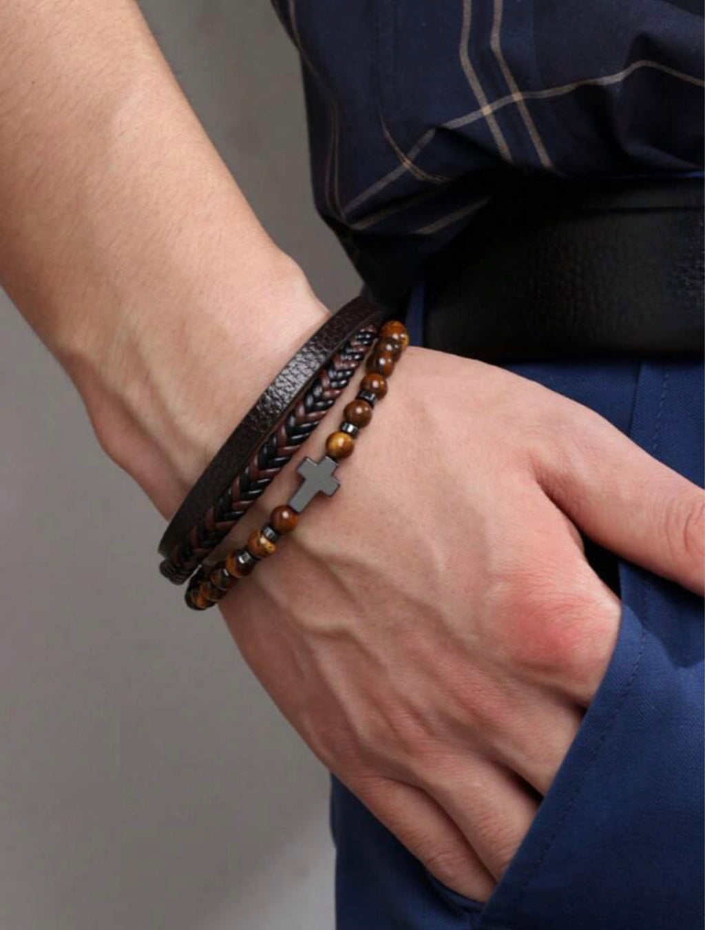 Triple Strand Leather Cross Bracelet
