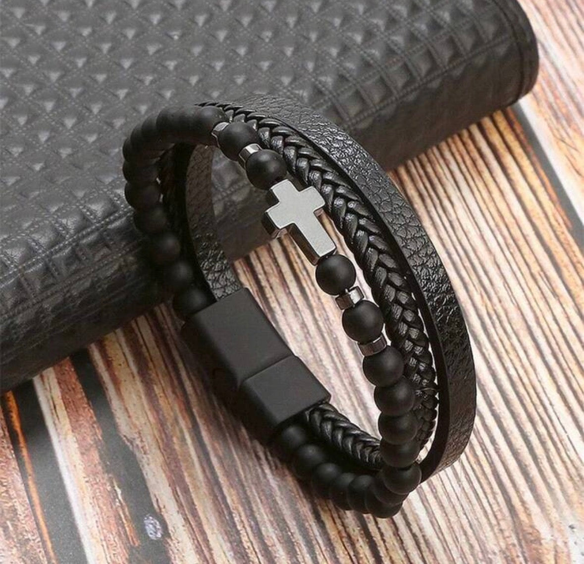 Triple Strand Leather Cross Bracelet